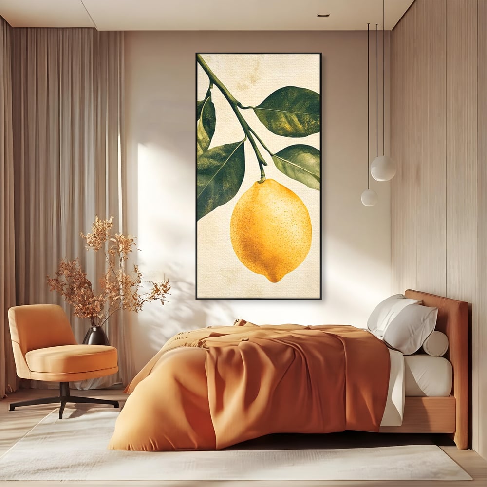 Tablou canvas cu ilustratie botanica cu lamaie si frunze, in rama de aluminiu negru, pe perete intr-un dormitor